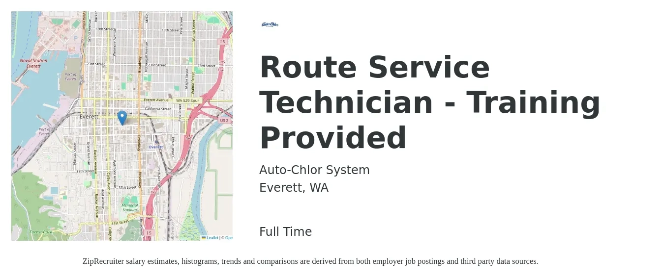 Auto-Chlor System job posting for a Route Service Technician - Training Provided in Everett, WA with a salary of $65,000 to $75,000 Yearly with a map of Everett location.