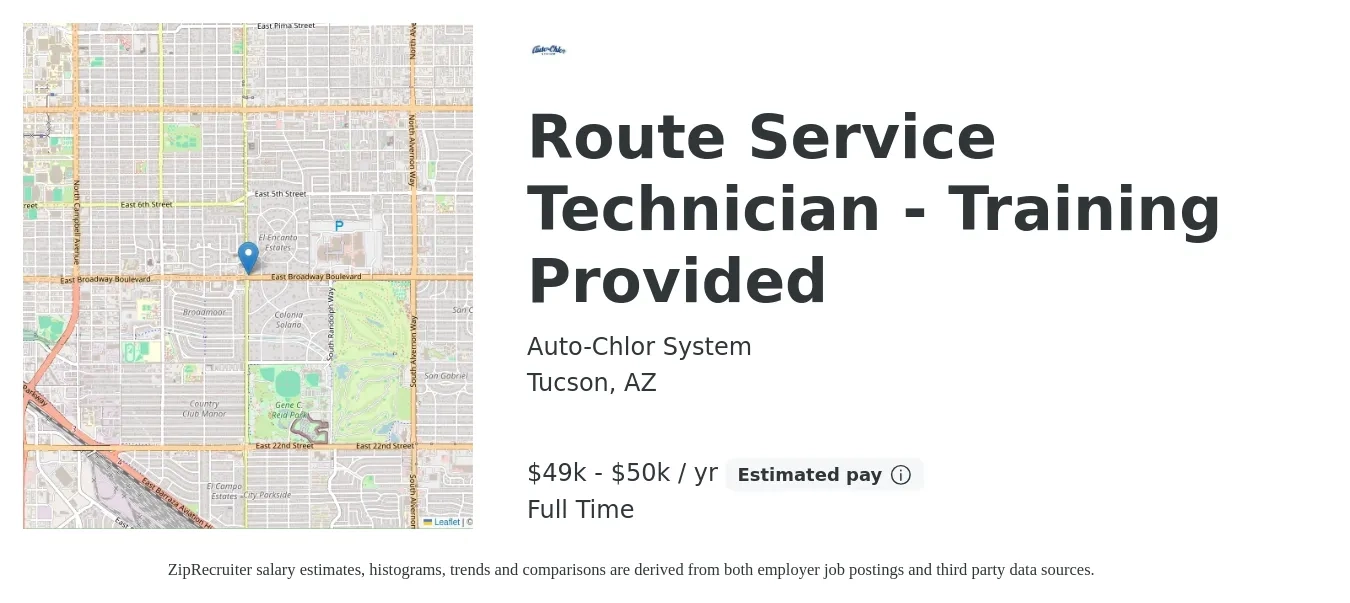 Auto-Chlor System job posting for a Route Service Technician - Training Provided in Tucson, AZ with a salary of $49,000 to $50,500 Yearly with a map of Tucson location.