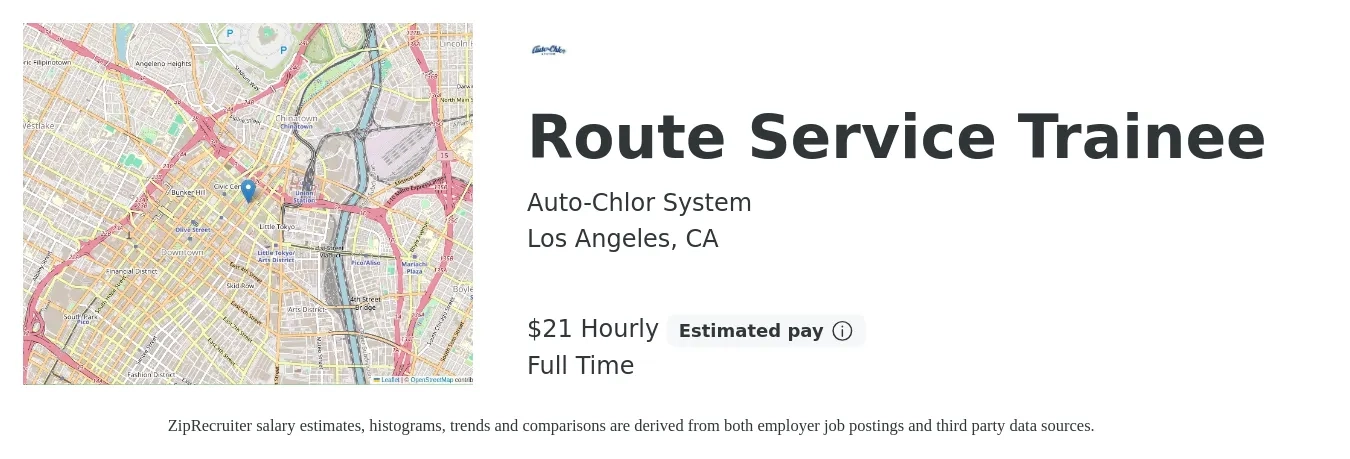 Auto-Chlor System job posting for a Route Service Trainee in Los Angeles, CA with a salary of $22 Hourly with a map of Los Angeles location.