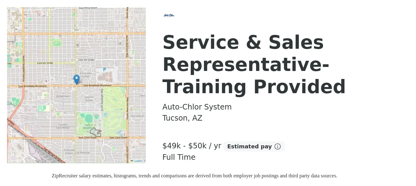 Auto-Chlor System job posting for a Service & Sales Representative- Training Provided in Tucson, AZ with a salary of $20 Hourly with a map of Tucson location.