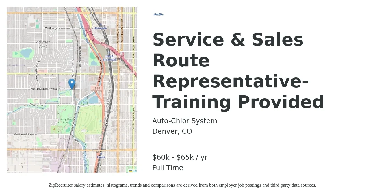 Auto-Chlor System job posting for a Service & Sales Route Representative- Training Provided in Denver, CO with a salary of $60,000 to $65,000 Yearly with a map of Denver location.