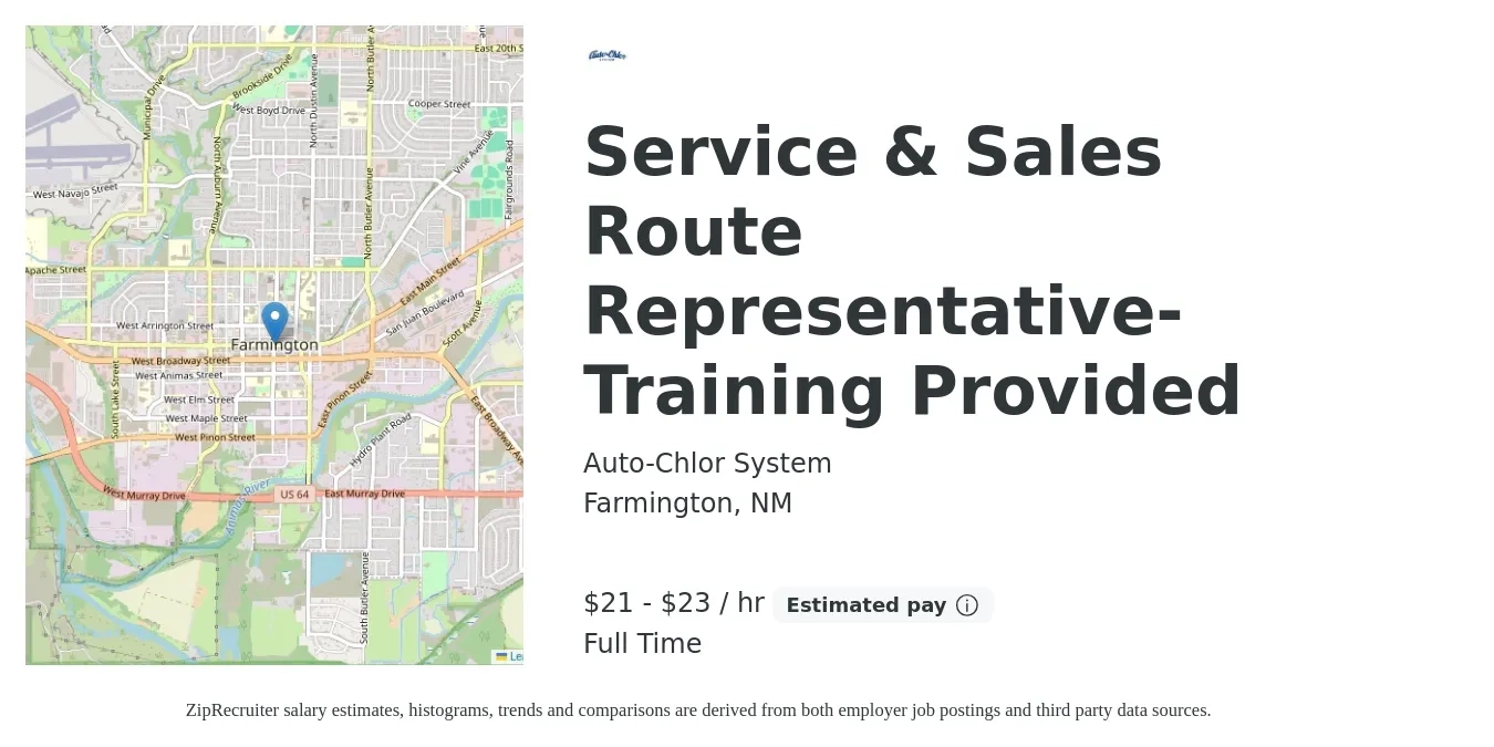 Auto-Chlor System job posting for a Service & Sales Route Representative- Training Provided in Farmington, NM with a salary of $22 to $24 Hourly with a map of Farmington location.