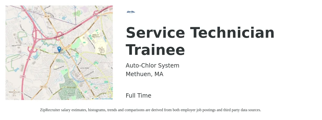 Auto-Chlor System job posting for a Service Technician Trainee in Methuen, MA with a salary of $56,000 to $65,000 Yearly with a map of Methuen location.