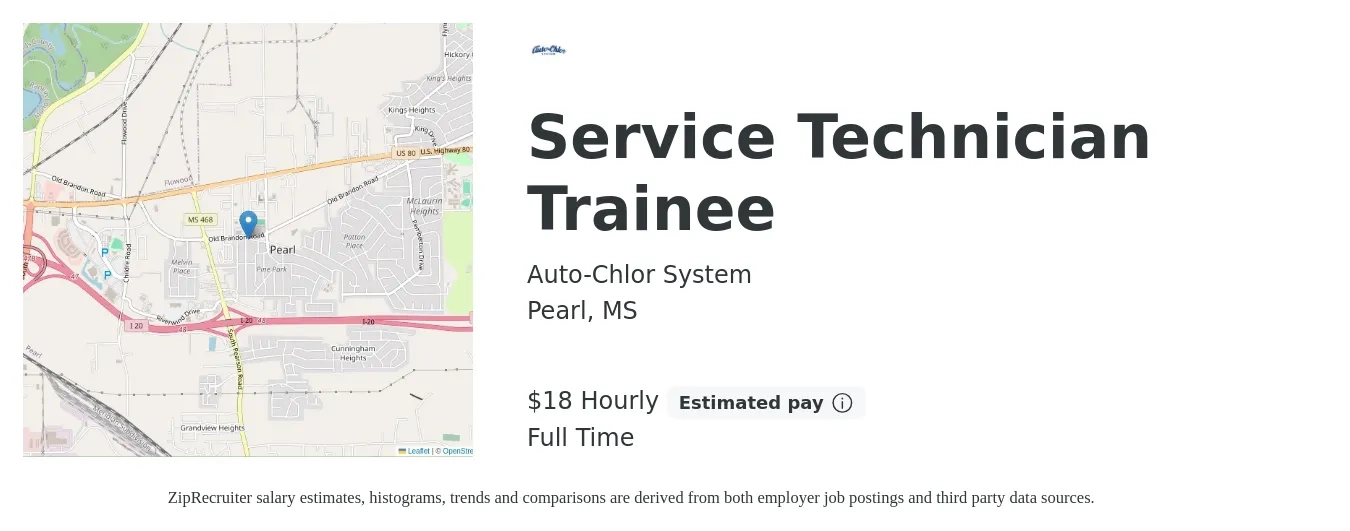 Auto-Chlor System job posting for a Service Technician Trainee in Pearl, MS with a salary of $40,000 to $45,000 Yearly with a map of Pearl location.