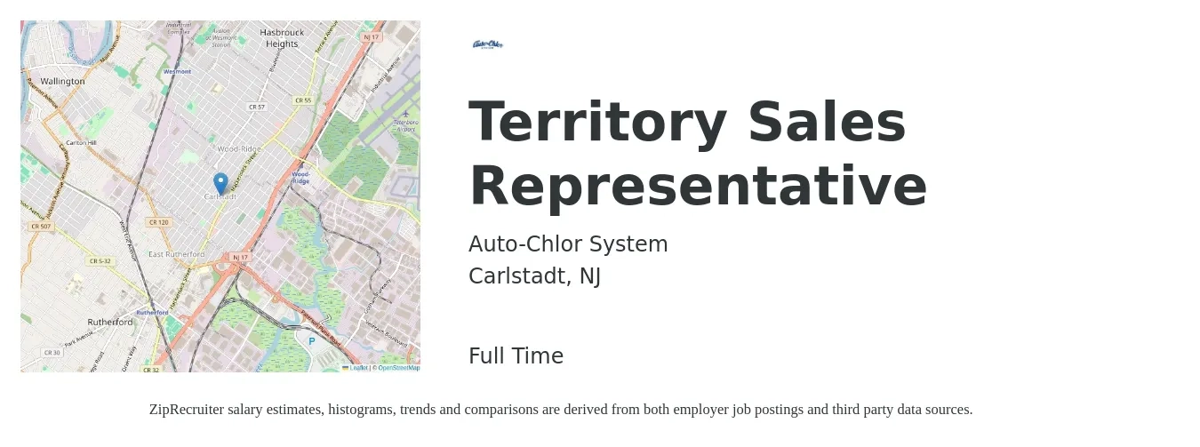 Auto-Chlor System job posting for a Territory Sales Representative in Carlstadt, NJ with a salary of $80,000 to $100,000 Yearly with a map of Carlstadt location.