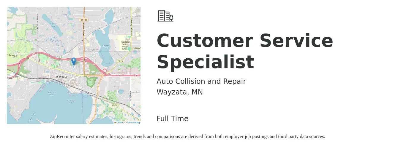 Auto Collision and Repair job posting for a Customer Service Specialist in Wayzata, MN with a salary of $17 to $23 Hourly with a map of Wayzata location.