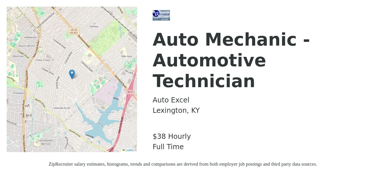 Auto Excel job posting for a Auto Mechanic - Automotive Technician in Lexington, KY with a salary of $40 Hourly with a map of Lexington location.