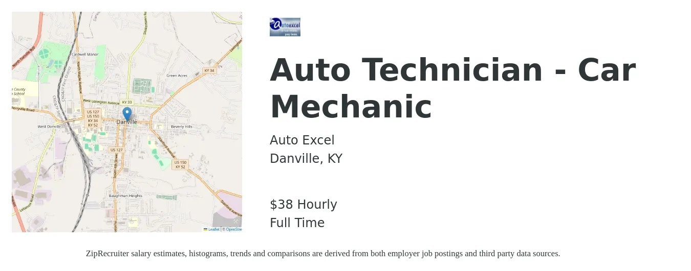 Auto Excel job posting for a Auto Technician - Car Mechanic in Danville, KY with a salary of $40 Hourly with a map of Danville location.
