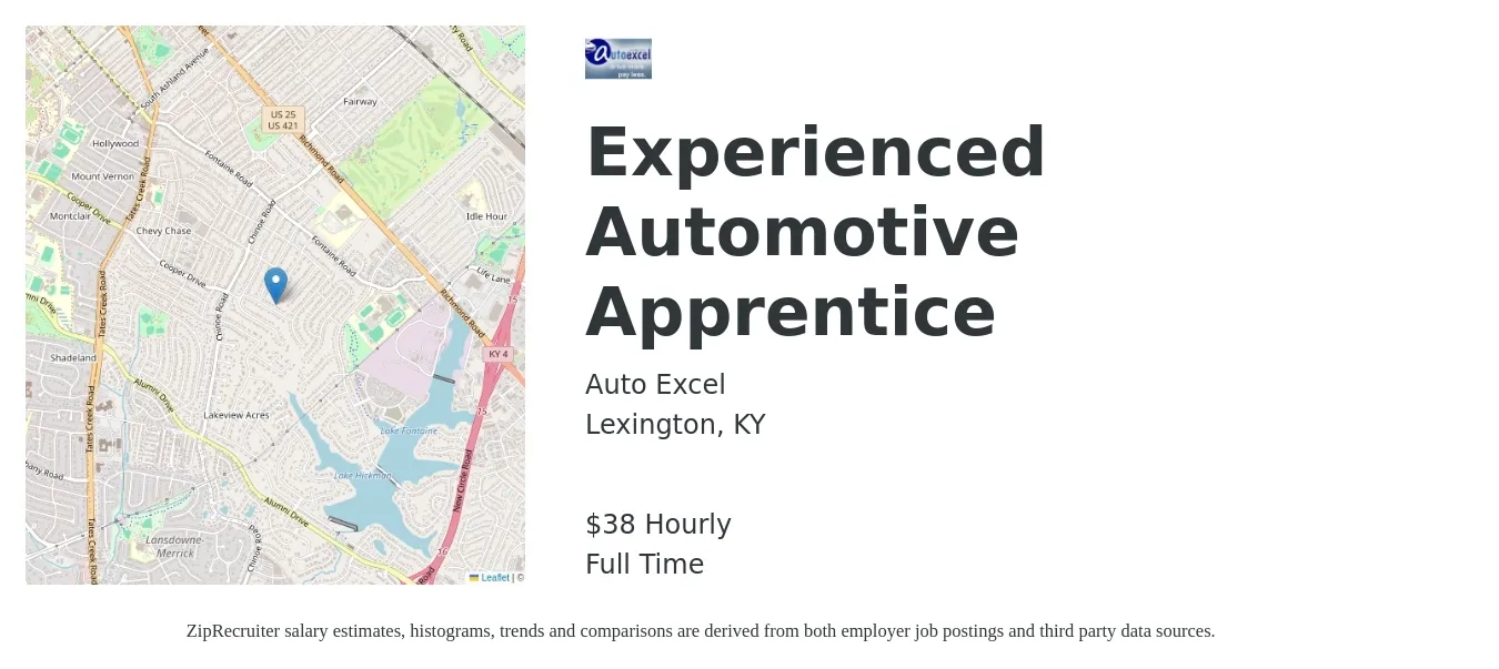 Auto Excel job posting for a Experienced Automotive Apprentice in Lexington, KY with a salary of $40 Hourly with a map of Lexington location.
