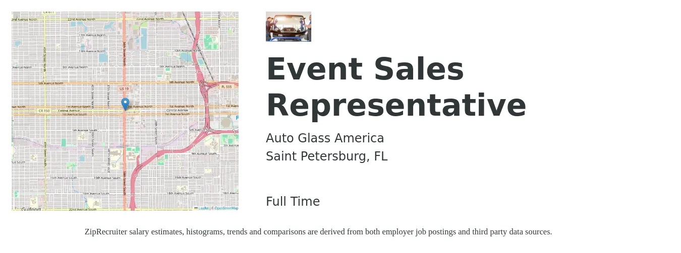 Auto Glass America job posting for a Event Sales Representative in Saint Petersburg, FL with a salary of $1,000 to $2,000 Weekly with a map of Saint Petersburg location.