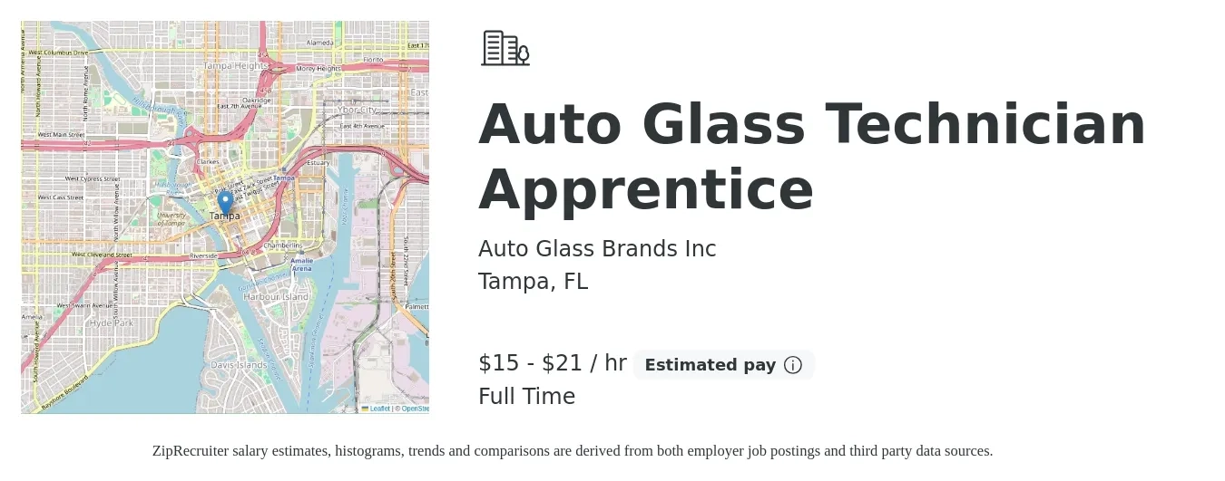 Auto Glass Brands Inc job posting for a Auto Glass Technician Apprentice in Tampa, FL with a salary of $16 to $22 Hourly with a map of Tampa location.