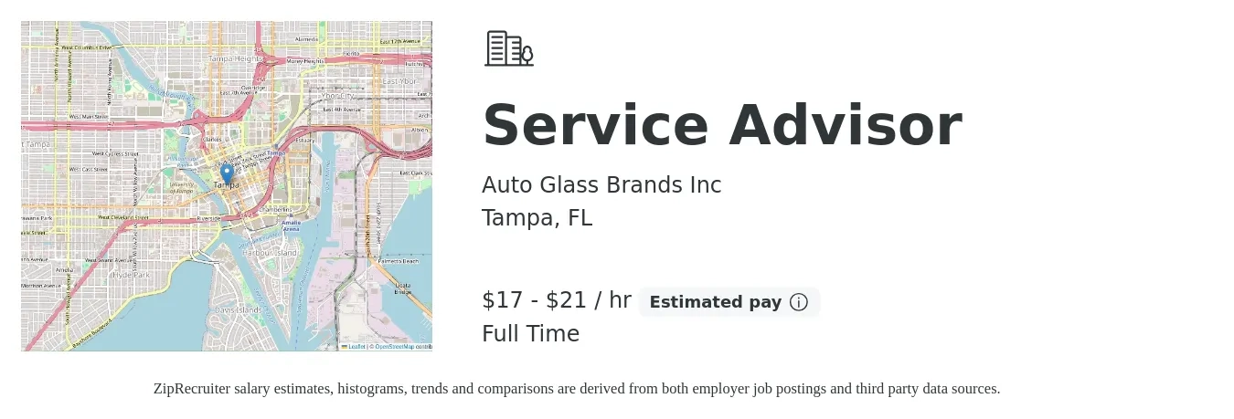 Auto Glass Brands Inc job posting for a Service Advisor in Tampa, FL with a salary of $18 to $22 Hourly with a map of Tampa location.