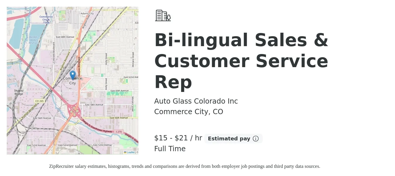 Auto Glass Colorado Inc job posting for a Bi-lingual Sales & Customer Service Rep in Commerce City, CO with a salary of $16 to $22 Hourly with a map of Commerce City location.