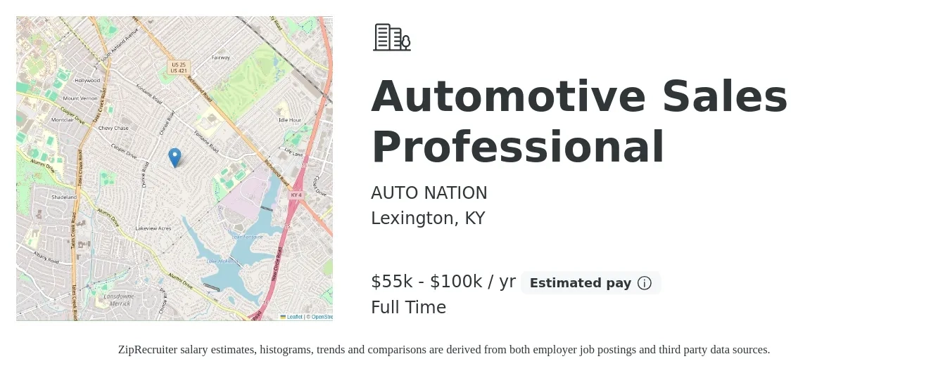 AUTO NATION job posting for a Automotive Sales Professional in Lexington, KY with a salary of $55,000 to $100,000 Yearly (plus commission) with a map of Lexington location.