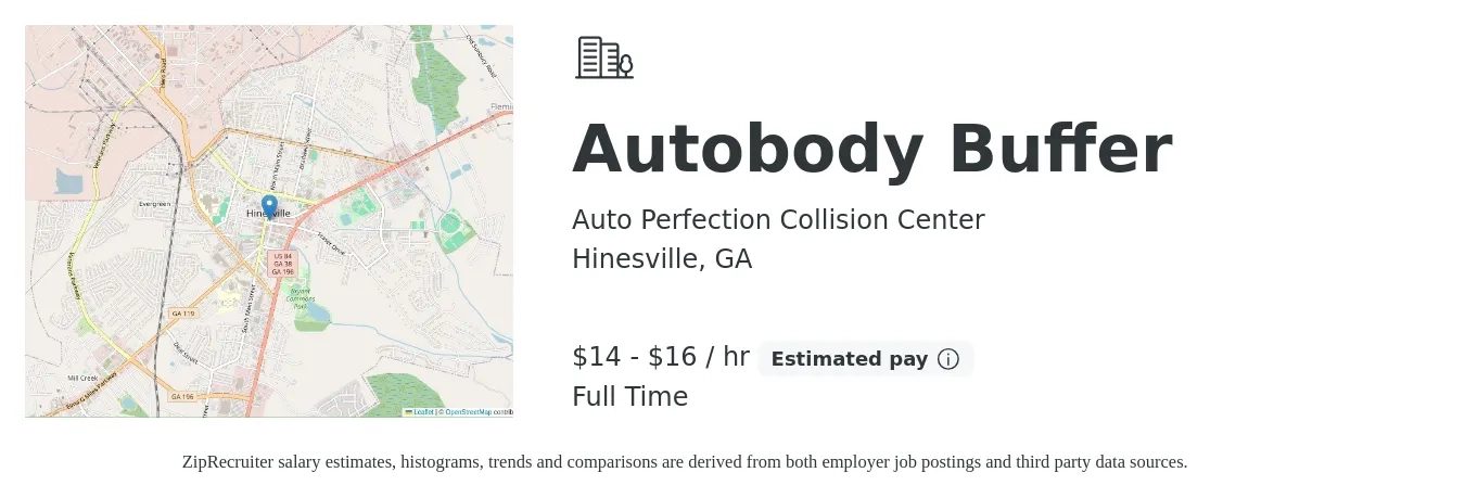 Auto Perfection Collision Center job posting for a Autobody Buffer in Hinesville, GA with a salary of $15 to $18 Hourly and benefits including pto with a map of Hinesville location.