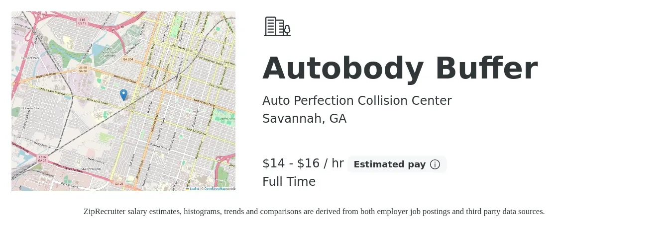 Auto Perfection Collision Center job posting for a Autobody Buffer in Savannah, GA with a salary of $15 to $18 Hourly and benefits including pto with a map of Savannah location.