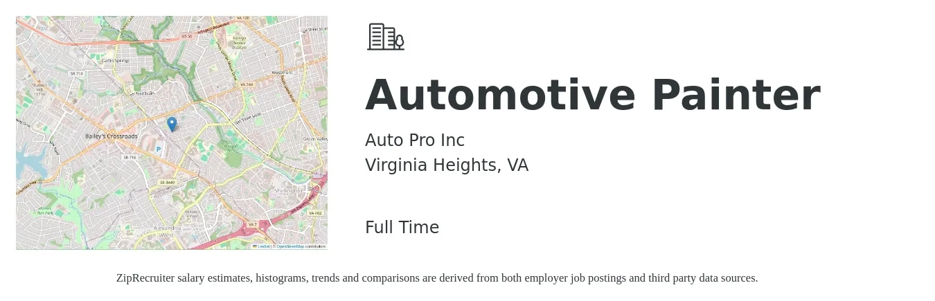 Auto Pro Inc job posting for a Automotive Painter in Virginia Heights, VA with a salary of $24 to $35 Hourly with a map of Virginia Heights location.