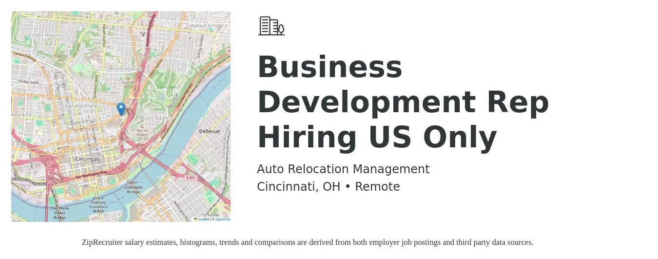 Auto Relocation Management job posting for a Business Development Rep Hiring US Only in Cincinnati, OH with a salary of $43,200 to $67,200 Yearly with a map of Cincinnati location.