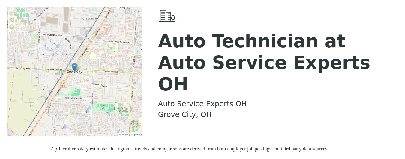 Auto Service Experts OH job posting for a Auto Technician at Auto Service Experts OH in Grove City, OH with a salary of $18 to $29 Hourly with a map of Grove City location.