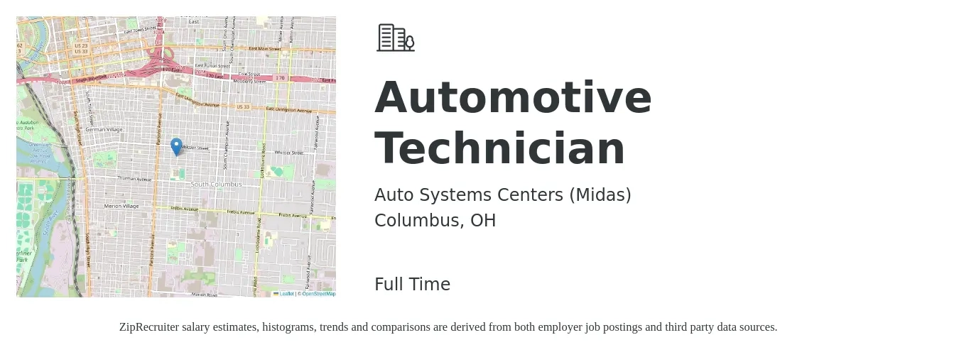 Auto Systems Centers (Midas) job posting for a Automotive Technician in Columbus, OH with a salary of $20 to $32 Hourly with a map of Columbus location.