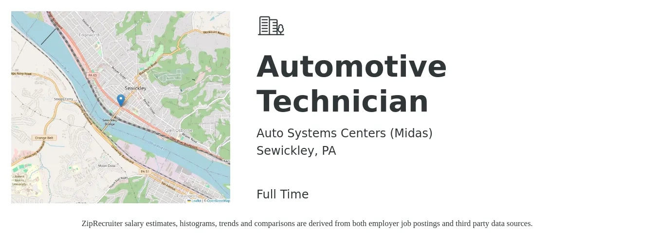 Auto Systems Centers (Midas) job posting for a Automotive Technician in Sewickley, PA with a salary of $21 to $33 Hourly with a map of Sewickley location.
