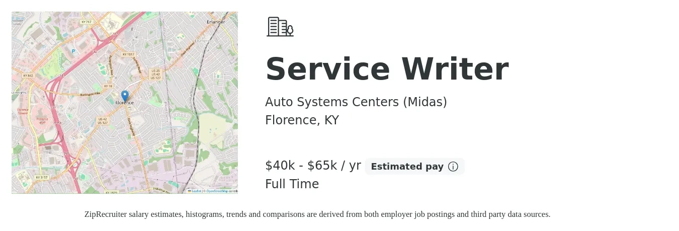 Auto Systems Centers (Midas) job posting for a Service Writer in Florence, KY with a salary of $40,000 to $65,000 Yearly with a map of Florence location.
