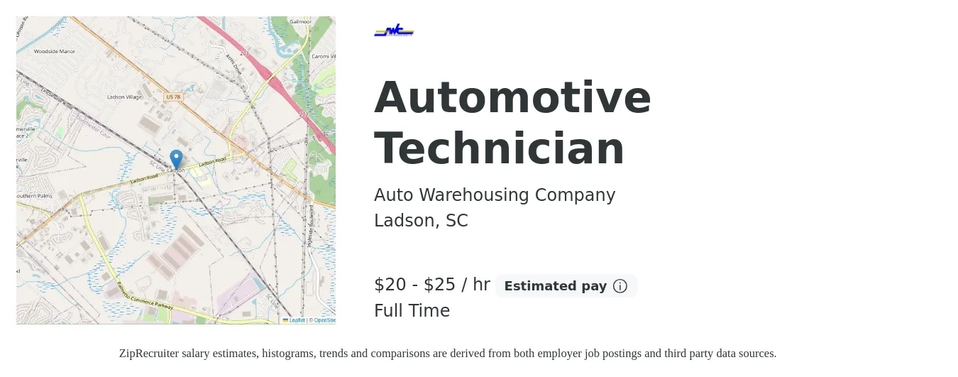 Auto Warehousing Company job posting for a Automotive Technician in Ladson, SC with a salary of $21 to $27 Hourly and benefits including vision, dental, life_insurance, medical, and retirement with a map of Ladson location.