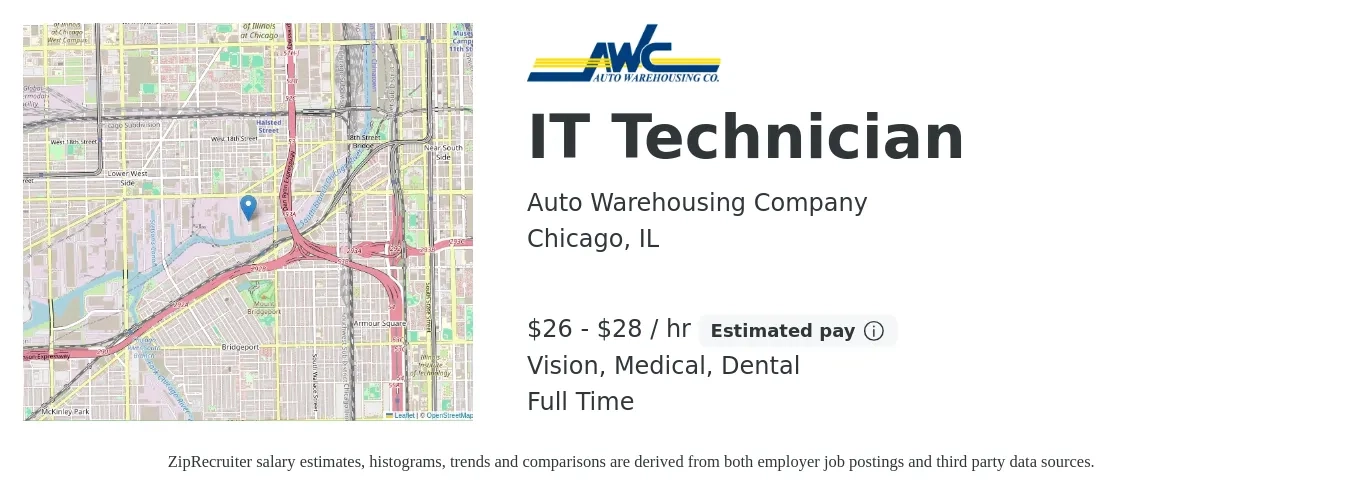 Auto Warehousing Company job posting for a IT Technician in Chicago, IL with a salary of $28 to $30 Hourly and benefits including life_insurance, medical, retirement, vision, and dental with a map of Chicago location.