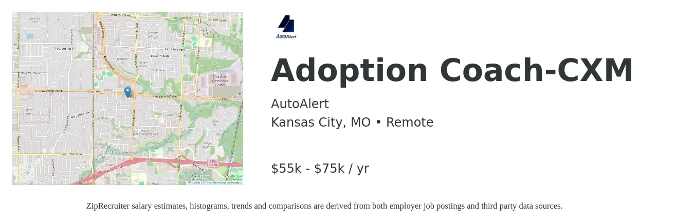 AutoAlert job posting for a Adoption Coach-CXM in Kansas City, MO with a salary of $55,000 to $75,000 Yearly with a map of Kansas City location.