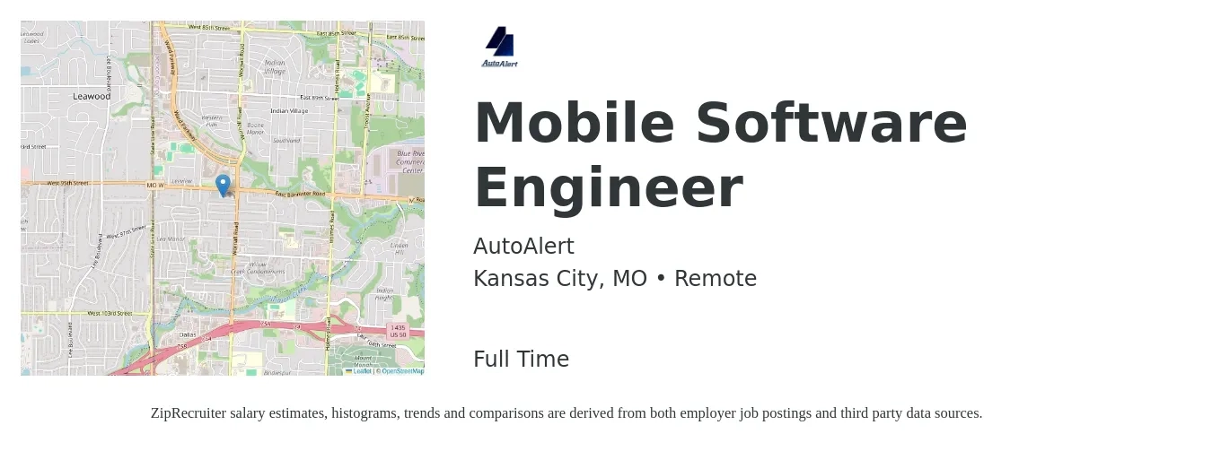 AutoAlert job posting for a Mobile Software Engineer in Kansas City, MO with a salary of $120,000 Yearly with a map of Kansas City location.