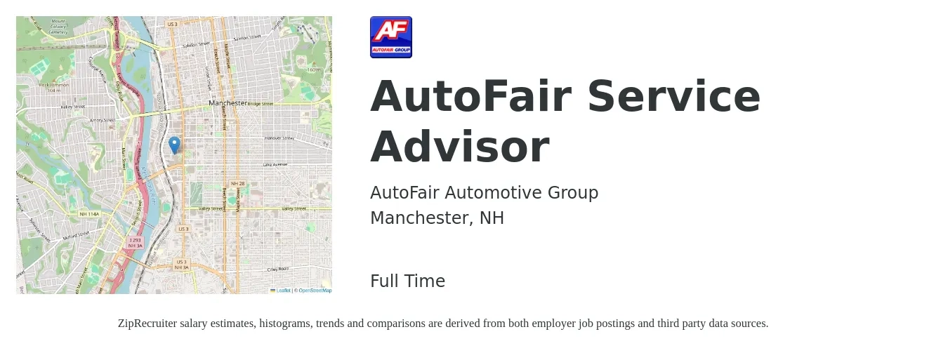 AutoFair Automotive Group job posting for a AutoFair Service Advisor in Manchester, NH with a salary of $19 to $30 Hourly with a map of Manchester location.