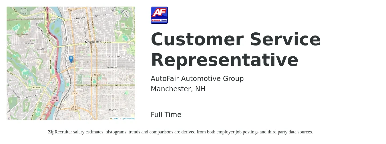 AutoFair Automotive Group job posting for a Customer Service Representative in Manchester, NH with a salary of $16 to $22 Hourly with a map of Manchester location.