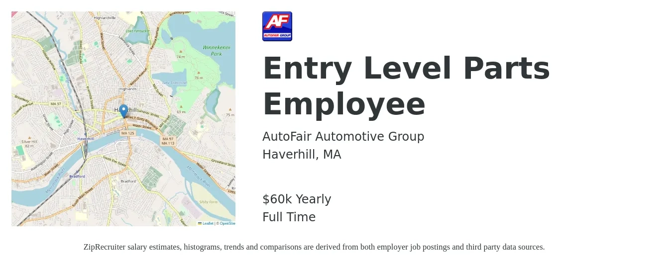 AutoFair Automotive Group job posting for a Entry Level Parts Employee in Haverhill, MA with a salary of $60,000 Yearly with a map of Haverhill location.