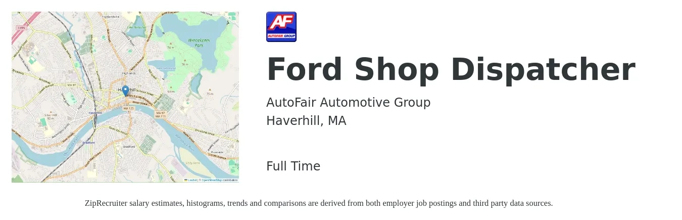 AutoFair Automotive Group job posting for a Ford Shop Dispatcher in Haverhill, MA with a salary of $19 to $25 Hourly with a map of Haverhill location.