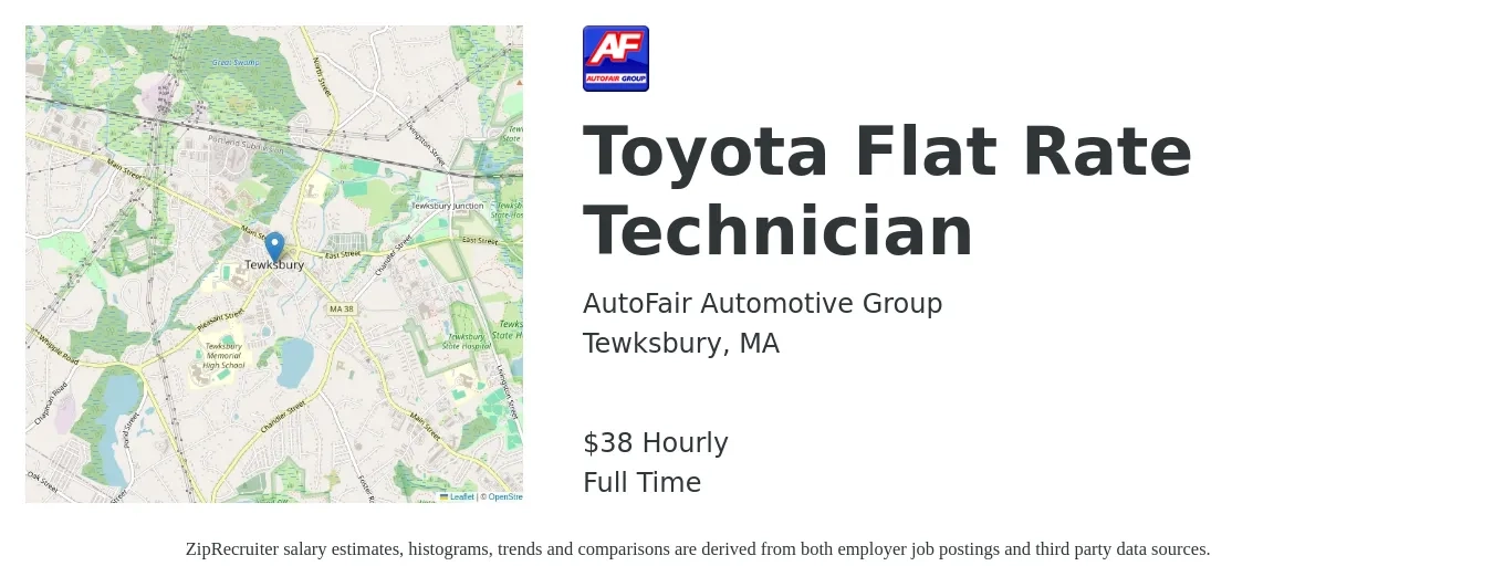 AutoFair Automotive Group job posting for a Toyota Flat Rate Technician in Tewksbury, MA with a salary of $40 Hourly with a map of Tewksbury location.