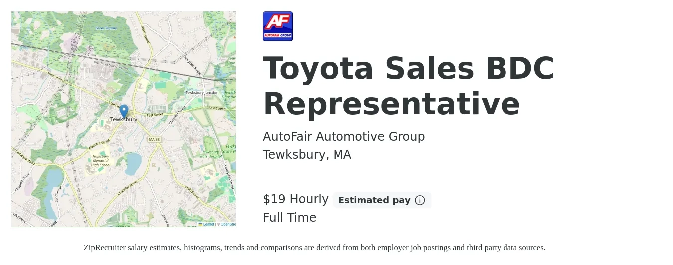 AutoFair Automotive Group job posting for a Toyota Sales BDC Representative in Tewksbury, MA with a salary of $20 Hourly with a map of Tewksbury location.