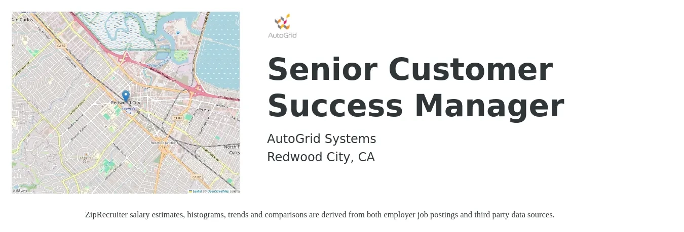 AutoGrid Systems job posting for a Senior Customer Success Manager in Redwood City, CA with a salary of $68,700 to $114,300 Yearly with a map of Redwood City location.