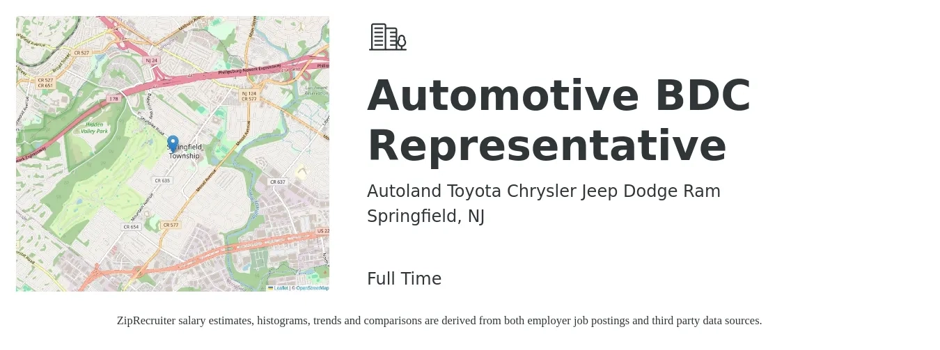 Autoland Toyota Chrysler Jeep Dodge Ram job posting for a Automotive BDC Representative in Springfield, NJ with a salary of $16 to $21 Hourly with a map of Springfield location.