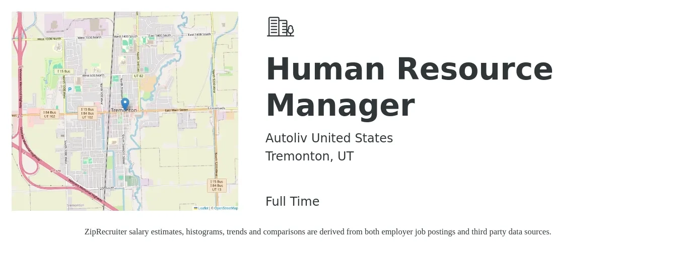 Autoliv United States job posting for a Human Resource Manager in Tremonton, UT with a salary of $63,600 to $92,200 Yearly with a map of Tremonton location.