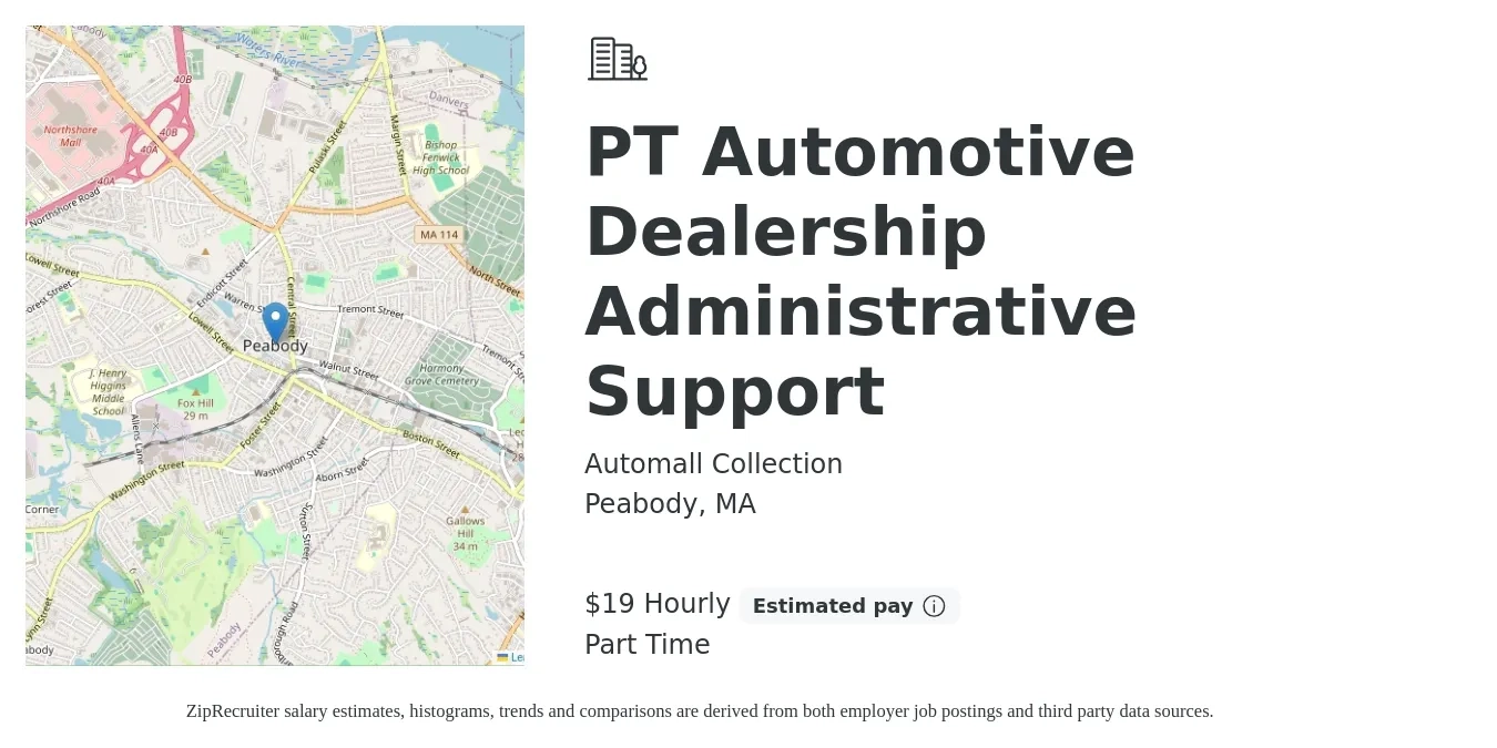 Automall Collection job posting for a PT Automotive Dealership Administrative Support in Peabody, MA with a salary of $20 Hourly with a map of Peabody location.