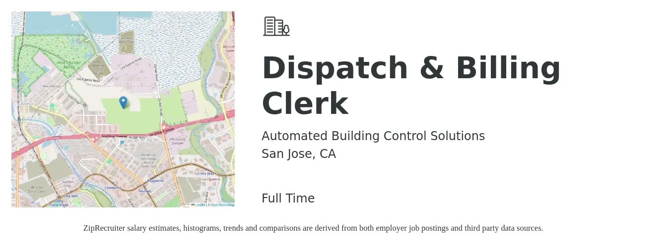 Automated Building Control Solutions job posting for a Dispatch & Billing Clerk in San Jose, CA with a salary of $39,000 to $50,000 Yearly and benefits including dental, medical, pto, retirement, and vision with a map of San Jose location.
