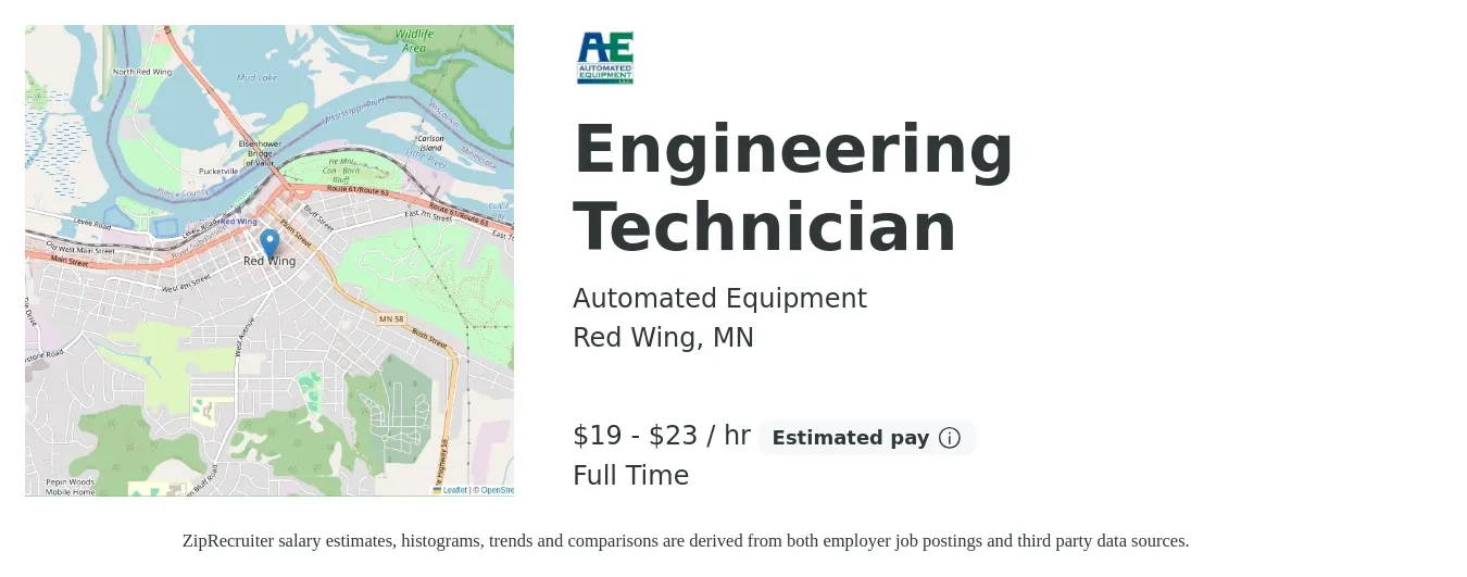 Automated Equipment job posting for a Engineering Technician in Red Wing, MN with a salary of $20 to $24 Hourly with a map of Red Wing location.