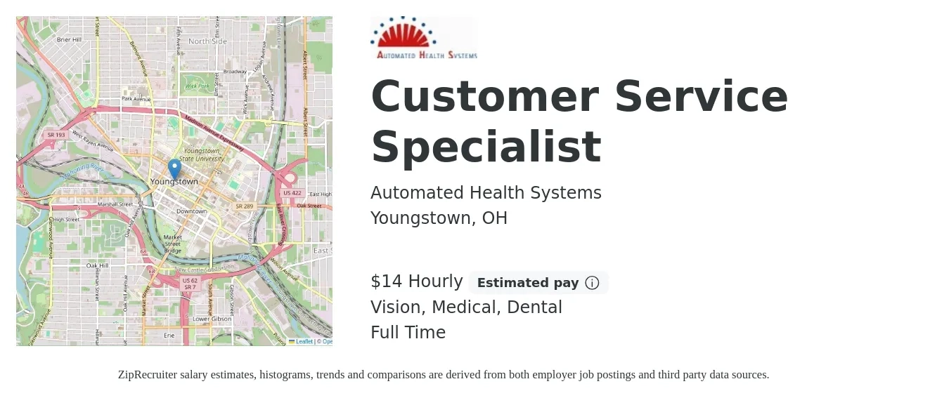 Automated Health Systems job posting for a Customer Service Specialist in Youngstown, OH with a salary of $15 Hourly and benefits including retirement, vision, dental, life_insurance, medical, and pto with a map of Youngstown location.