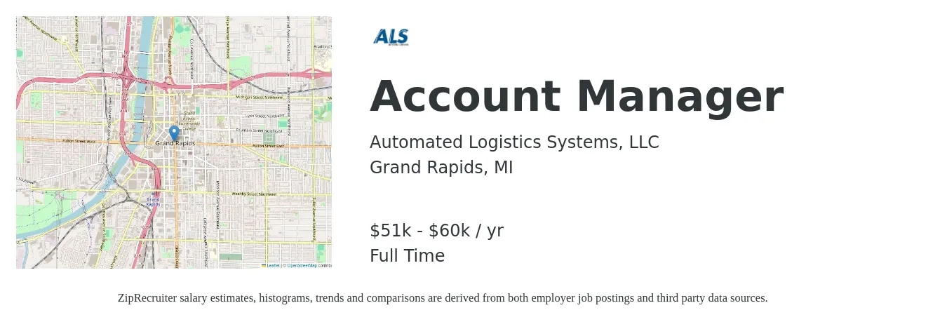 Automated Logistics Systems, LLC job posting for a Account Manager in Grand Rapids, MI with a salary of $40,000 to $50,000 Yearly (plus commission) and benefits including life_insurance, medical, pto, retirement, vision, and dental with a map of Grand Rapids location.