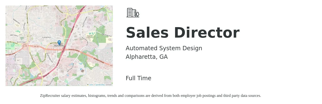 Automated System Design job posting for a Sales Director in Alpharetta, GA with a salary of $68,000 to $120,600 Yearly with a map of Alpharetta location.