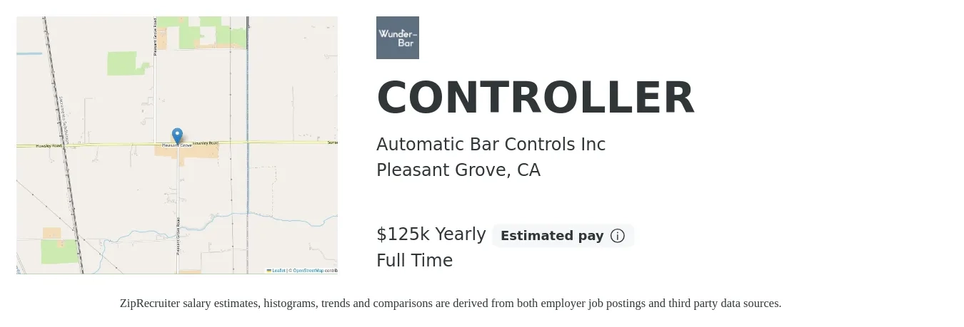 Automatic Bar Controls Inc job posting for a CONTROLLER in Pleasant Grove, CA with a salary of $125,000 Yearly with a map of Pleasant Grove location.