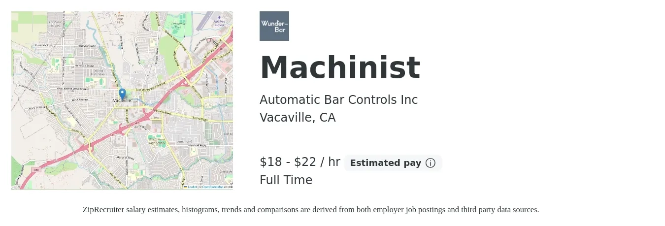 Automatic Bar Controls Inc job posting for a Machinist in Vacaville, CA with a salary of $19 to $23 Hourly with a map of Vacaville location.