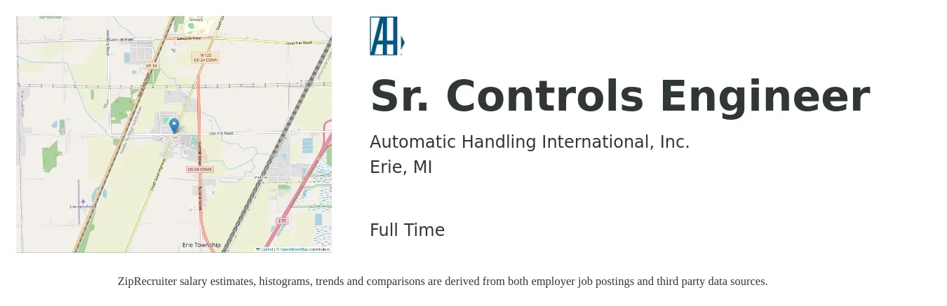 Automatic Handling International, Inc. job posting for a Sr. Controls Engineer in Erie, MI with a salary of $93,000 to $122,700 Yearly with a map of Erie location.