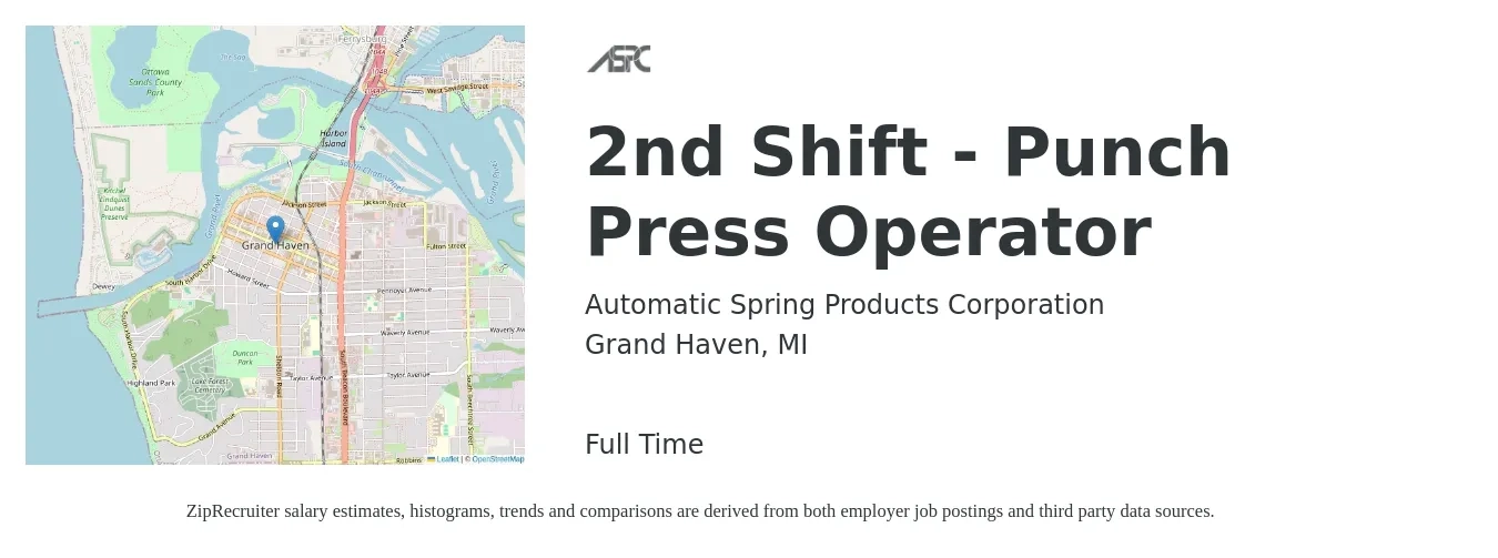 Automatic Spring Products Corporation job posting for a 2nd Shift - Punch Press Operator in Grand Haven, MI with a salary of $16 to $20 Hourly with a map of Grand Haven location.