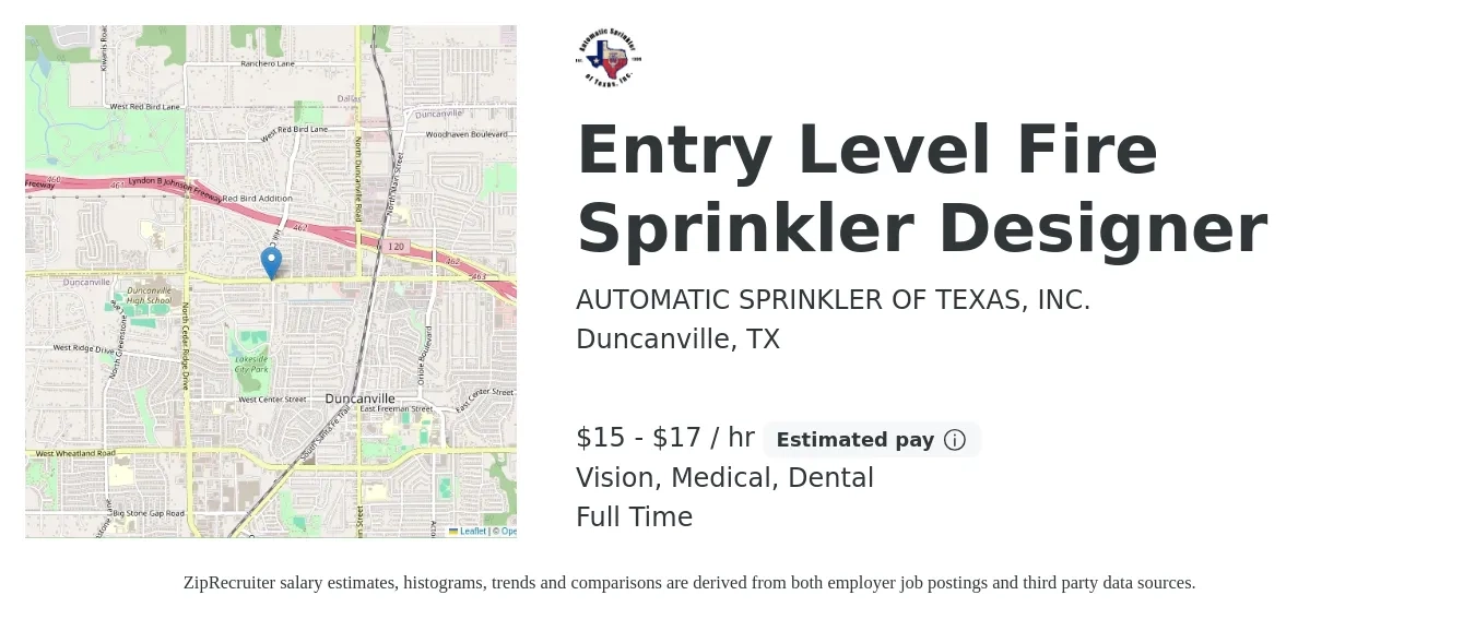 AUTOMATIC SPRINKLER OF TEXAS, INC. job posting for a Entry Level Fire Sprinkler Designer in Duncanville, TX with a salary of $16 to $18 Hourly and benefits including pto, retirement, vision, dental, and medical with a map of Duncanville location.